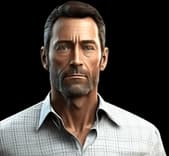 A 3D rendered portrait of a middle-aged man with short brown hair and a short beard, wearing a light blue and white checkered collared shirt